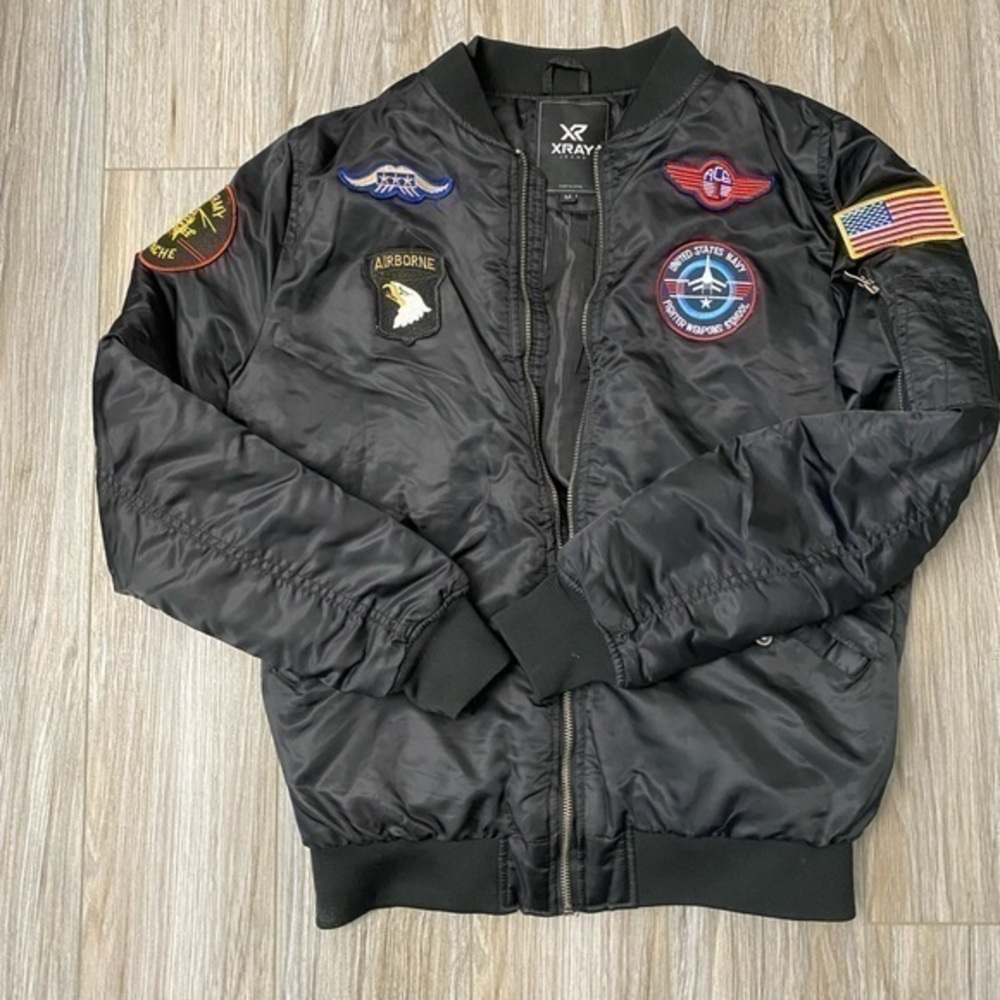 XRAY Jeans Mens Black Bomber Flight Jacket Military Patches Navy Army‎ Size M